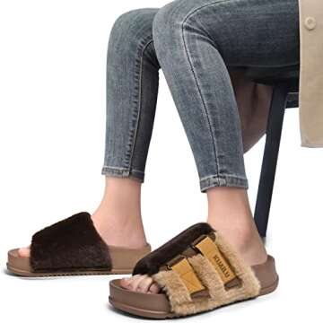 KuaiLu Womens Slides Soft Cushion Faux Fur Sandals for Women Open Toe House Slipper with Arch Support Ladies Slip On Fuzzy Platform Slipper Indoor Outdoor,Brown Size 8