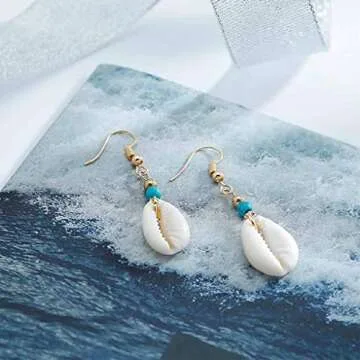 Olbye Cowrie Shell Earrings Turquoise Gold for Women
