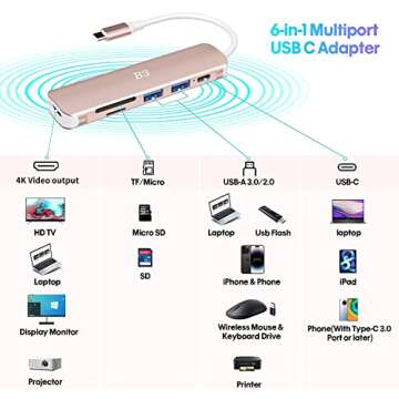 USB C Hub, USB-C Dongle Adapter with 4K HDMI for MacBook Pro/Air, 6 in 1 USBC Adaptador Converter Digital AV Multiport Docking Station, with USB3.0/USB2.0/SD/microSD Card Reader Ports - Rose Gold