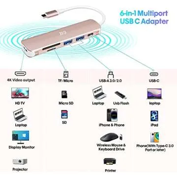 USB C Hub, USB-C Dongle Adapter with 4K HDMI for MacBook Pro/Air, 6 in 1 USBC Adaptador Converter Digital AV Multiport Docking Station, with USB3.0/USB2.0/SD/microSD Card Reader Ports - Rose Gold