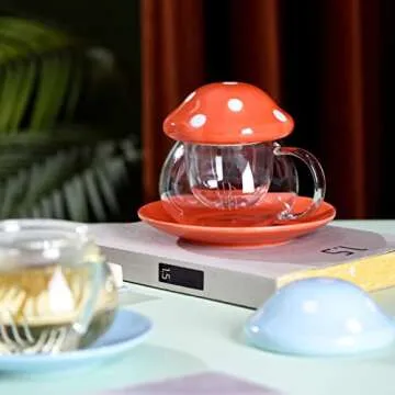 Cute Tea Mug Set Mushroom Teapot Milk Glass Coffee Tea Cups Mugs with Lid and Tray Strainer Filter Infuser (290ML 9.6oz) (red)
