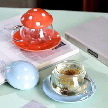 Cute Tea Mug Set Mushroom Teapot Milk Glass Coffee Tea Cups Mugs with Lid and Tray Strainer Filter Infuser (290ML 9.6oz) (red)