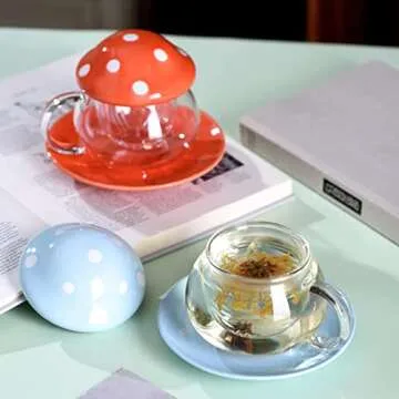 Cute Tea Mug Set Mushroom Teapot Milk Glass Coffee Tea Cups Mugs with Lid and Tray Strainer Filter Infuser (290ML 9.6oz) (red)