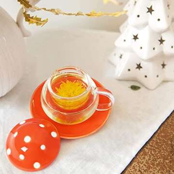 Cute Tea Mug Set Mushroom Teapot Milk Glass Coffee Tea Cups Mugs with Lid and Tray Strainer Filter Infuser (290ML 9.6oz) (red)
