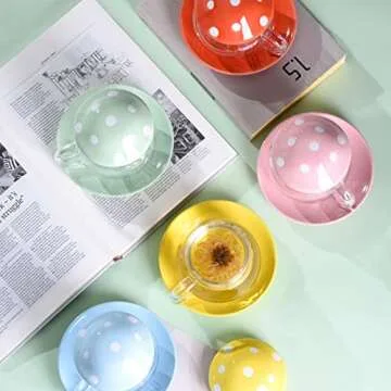 Cute Tea Mug Set Mushroom Teapot Milk Glass Coffee Tea Cups Mugs with Lid and Tray Strainer Filter Infuser (290ML 9.6oz) (red)