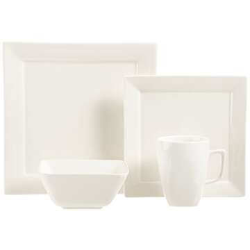 Amazon Basics 16-Piece Classic White Kitchen Dinnerware Set, Square Plates, Bowls, Service for 4