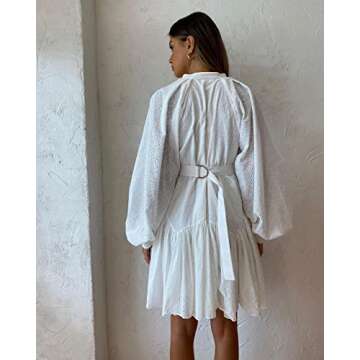 Aox Women Button Down Shift Swing Dress Ruffle Sleeve Tunic Midi Sundress Pockets Mini Skirt with Waist Strap (as1, Alpha, s, Regular, Regular, White 202215)