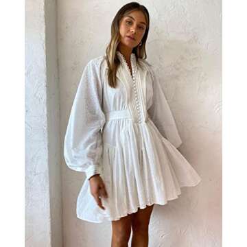 Aox Women Button Down Shift Swing Dress Ruffle Sleeve Tunic Midi Sundress Pockets Mini Skirt with Waist Strap (as1, Alpha, s, Regular, Regular, White 202215)