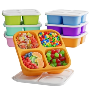 KEMETHY 6 Pcs Reusable Bento Snack Containers - 4 Compartment Food Storage, Multi-Color