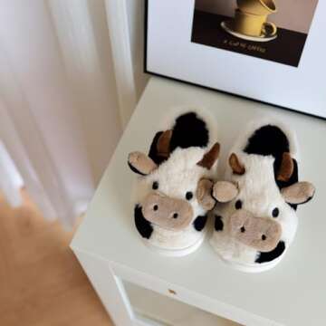 XIXITIAO Cow Slippers,slippers for Women Men,Cute Fuzzy Slippers, Womens/Mens Kawaii Animal Cartoon Cotton Plush House Slippers,Cloud Bedroom Winter House Shoes for Indoor,Size 9