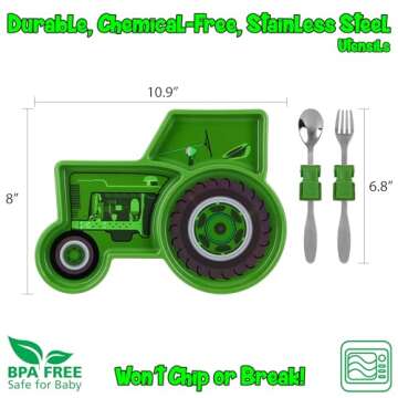 Funwares Green Tractor Engaging Kids' Dinnerware Set: Durable, Divided Plate, Fun Fork and Spoon, Ideal for Picky Eaters, Educational Mealtime, Easy Cleaning, Gift for Toddlers