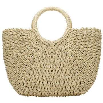 Hand-woven Straw Large Hobo Bag for Women Round Handle Ring Toto Retro Summer Beach (Beige)