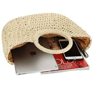 Hand-woven Straw Large Hobo Bag for Women Round Handle Ring Toto Retro Summer Beach (Beige)
