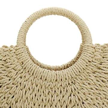 Hand-woven Straw Large Hobo Bag for Women Round Handle Ring Toto Retro Summer Beach (Beige)