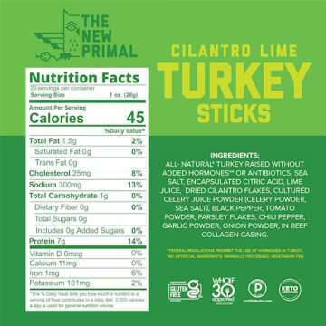 The New Primal Cilantro Lime Turkey Sticks, Keto, Gluten Free Healthy Snacks for Adults, Sugar Free Low Carb High Protein, Paleo Whole30 Jerky Meat Stick, 7g Protein, 45 Calories, 1oz (Pack of 20)