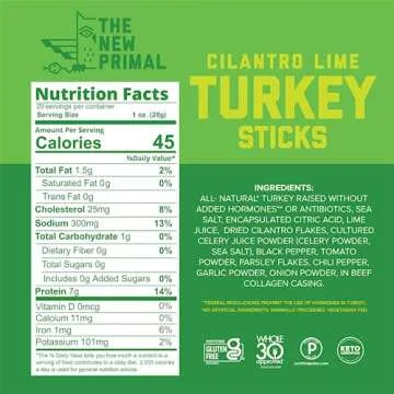 The New Primal Cilantro Lime Turkey Sticks, Keto, Gluten Free Healthy Snacks for Adults, Sugar Free Low Carb High Protein, Paleo Whole30 Jerky Meat Stick, 7g Protein, 45 Calories, 1oz (Pack of 20)