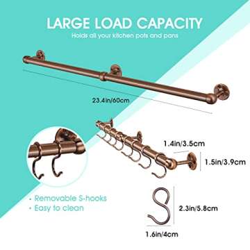 ROTHLEY Hanging Pot Rack Hanger: 23.7 Inch Stainless Steel Pot and Pan Hanger Wall Mounted Hanging Pots and Pans Rack Heavy Duty Pot Hangers Kitchen Rail with Hooks (Antique Copper)