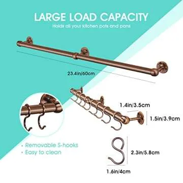 ROTHLEY Hanging Pot Rack Hanger: 23.7 Inch Stainless Steel Pot and Pan Hanger Wall Mounted Hanging Pots and Pans Rack Heavy Duty Pot Hangers Kitchen Rail with Hooks (Antique Copper)