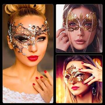 MYMENU Masquerade Mask for Women Shiny Rhinestone Venetian Party Prom Ball Metal Mask (Half Face)