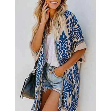 Sidefeel Women Print Pom Pom Tassel Kimono Beach Cover Up Cardigan Top One Size Blue