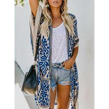 Sidefeel Women Print Pom Pom Tassel Kimono Beach Cover Up Cardigan Top One Size Blue