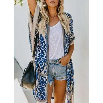 Sidefeel Women Print Pom Pom Tassel Kimono Beach Cover Up Cardigan Top One Size Blue