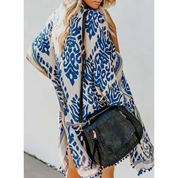 Sidefeel Women Print Pom Pom Tassel Kimono Beach Cover Up Cardigan Top One Size Blue