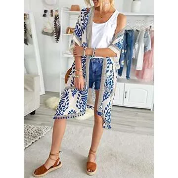 Sidefeel Women Print Pom Pom Tassel Kimono Beach Cover Up Cardigan Top One Size Blue