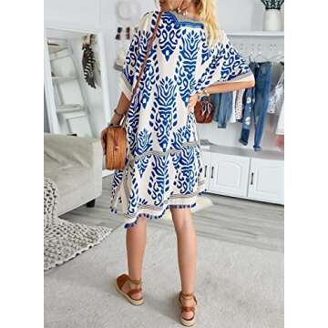 Sidefeel Women Print Pom Pom Tassel Kimono Beach Cover Up Cardigan Top One Size Blue