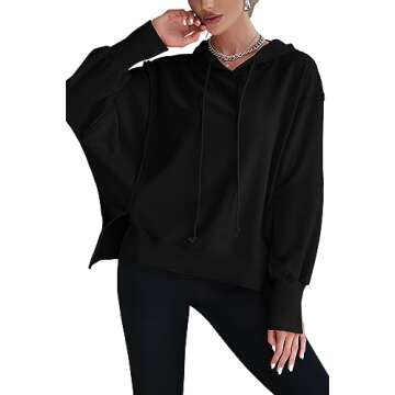 GREAIDEA Womens Hoodies Oversized Sweatshirt Casual Long Sleeve Side Slit High Low Ribbed Knit Hem Pullover Y2K Clothes Black