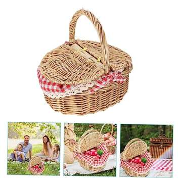Alipis Rattan Picnic Basket Wicker Bread Basket Wicker Basket with Handle Outdoor Picnic Kids Blankets Wood Decor Kids Wooden Picnic Supply Handheld Food Basket Wood Chips Lovers