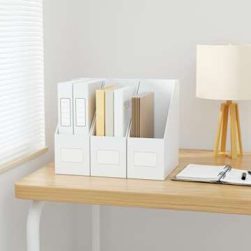 JiaWei White Magazine File Holders, 3 Packs Sturdy Cardboard File Rack, Office Organization Desktop Storage File Box Binder for Shelves and Desk, Folder Holder for Office or Classroom