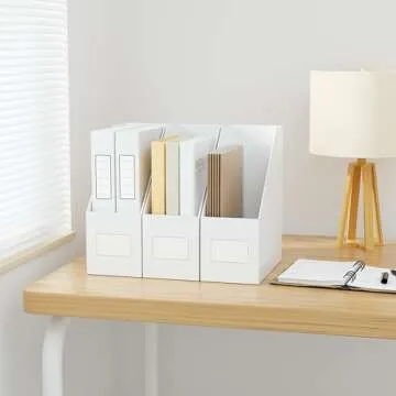 JiaWei White Magazine File Holders, 3 Packs Sturdy Cardboard File Rack, Office Organization Desktop Storage File Box Binder for Shelves and Desk, Folder Holder for Office or Classroom