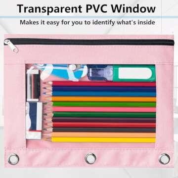 Forvencer Pencil Pouch for 3 Ring Binder, Binder Pencil Case with Smooth Zipper, Clear Window Pencil Case for Binder, Big Capacity 3 Ring Binder Pencil Bag with 3 Reinforced Grommets, Pink