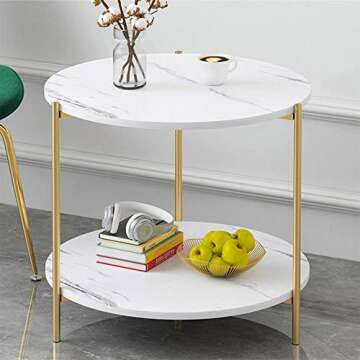 PAMBOO End Table Small Table Marble Pattern Wooden Double Sofa Side Table Coffee Table Suitable for Living Room Office (Circle, White)