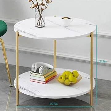 PAMBOO End Table Small Table Marble Pattern Wooden Double Sofa Side Table Coffee Table Suitable for Living Room Office (Circle, White)