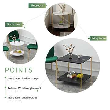 PAMBOO End Table Small Table Marble Pattern Wooden Double Sofa Side Table Coffee Table Suitable for Living Room Office (Circle, White)