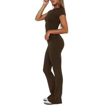 Darong Women's Two Piece Outfit Basic Short Sleeve Crop Top and Low Rise Flare Pants Set Lounge 2 Piece Yoga Tracksuit 9046 Dark Brown M