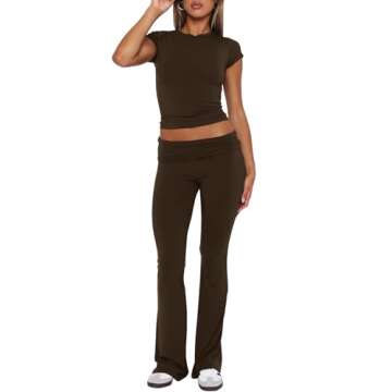 Darong Women's Two Piece Outfit Basic Short Sleeve Crop Top and Low Rise Flare Pants Set Lounge 2 Piece Yoga Tracksuit 9046 Dark Brown M