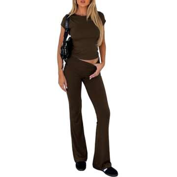 Darong Women's Two Piece Outfit Basic Short Sleeve Crop Top and Low Rise Flare Pants Set Lounge 2 Piece Yoga Tracksuit 9046 Dark Brown M