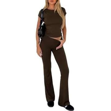 Darong Women's Two Piece Outfit Basic Short Sleeve Crop Top and Low Rise Flare Pants Set Lounge 2 Piece Yoga Tracksuit 9046 Dark Brown M