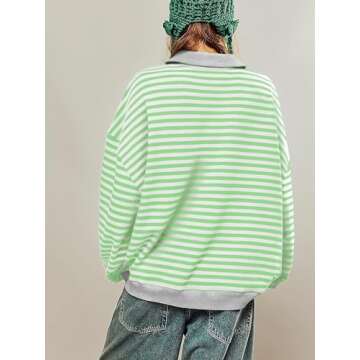 OSTAUG Oversized Sweatshirt for Women Loose Striped Fall Outfits Casual Crewneck Athletic Pullover Y2K Shirt Top(Green White M)