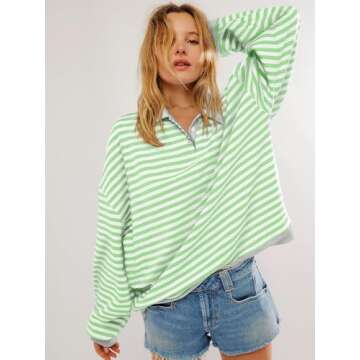 OSTAUG Oversized Sweatshirt for Women Loose Striped Fall Outfits Casual Crewneck Athletic Pullover Y2K Shirt Top(Green White M)