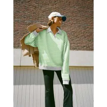 OSTAUG Oversized Sweatshirt for Women Loose Striped Fall Outfits Casual Crewneck Athletic Pullover Y2K Shirt Top(Green White M)