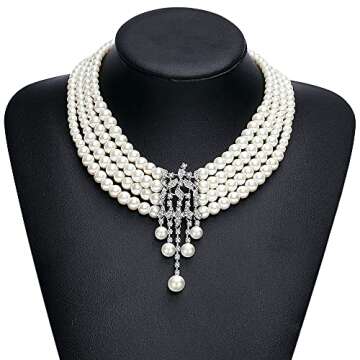 BABEYOND 1920s Gatsby Pearl Necklace Vintage Bridal Pearl Necklace Earrings Jewelry Set Multilayer Imitation Pearl Necklace with Brooch (Style8-White)