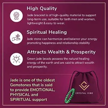 Crystal Vibe Green Jade Bracelet - Healing Crystal Wealth Bracelet - Jade Bracelet for Women Men - Bring Good Luck Prosperity and Emotional Balance - Adjustable Size