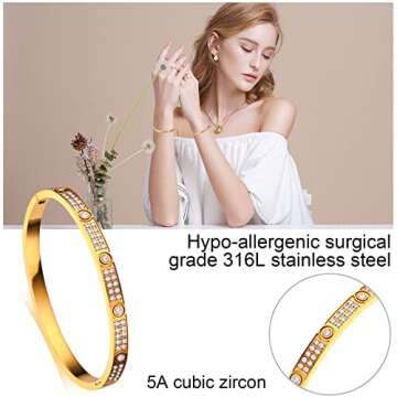 Love Friendship Bracelets Bangle Gold Silver with Cubic Zirconia Stainless Steel Jewelry Oval Bracelet Birthday for Her Women with Gifts Box (Gold, Stainless Steel)
