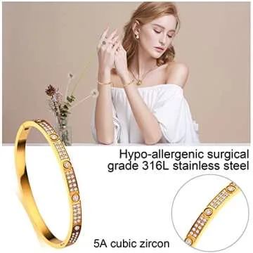 Love Friendship Bracelets Bangle Gold Silver with Cubic Zirconia Stainless Steel Jewelry Oval Bracelet Birthday for Her Women with Gifts Box (Gold, Stainless Steel)