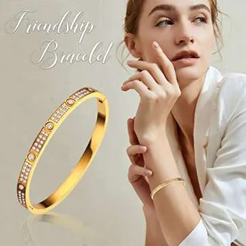 Love Friendship Bracelets Bangle Gold Silver with Cubic Zirconia Stainless Steel Jewelry Oval Bracelet Birthday for Her Women with Gifts Box (Gold, Stainless Steel)