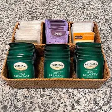 YANGQIHOME Tea Bag/Sugar Packet Holder, Coffee Station Condiment Organizer, Seagrass Storage Basket, Wicker Rattan Divided Basket Organizer for Drawer/Shelf/Countertop